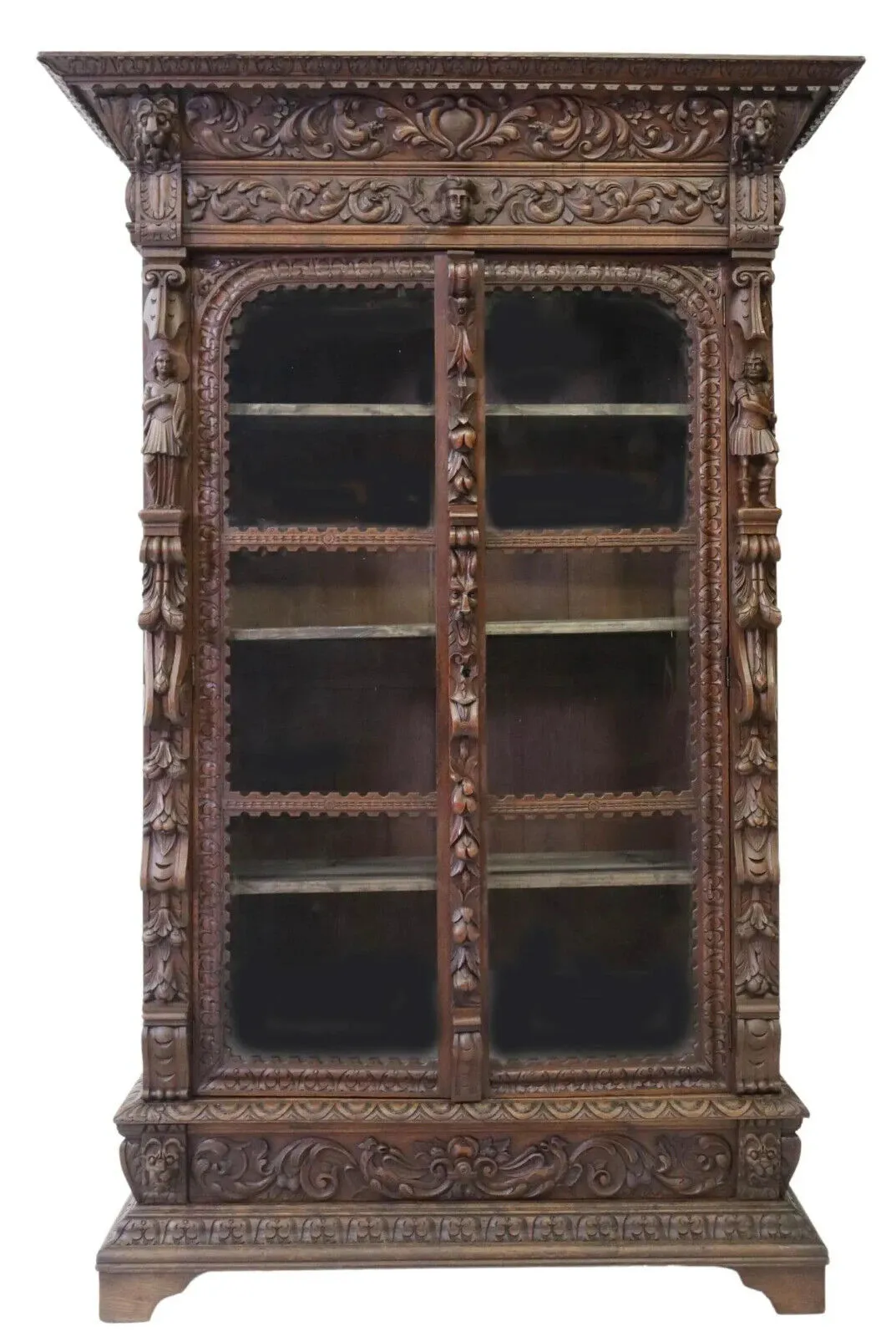 Antique Bookcase, French Renaissance Revival, Carved Oak, Scrolls, Masks, 1800s