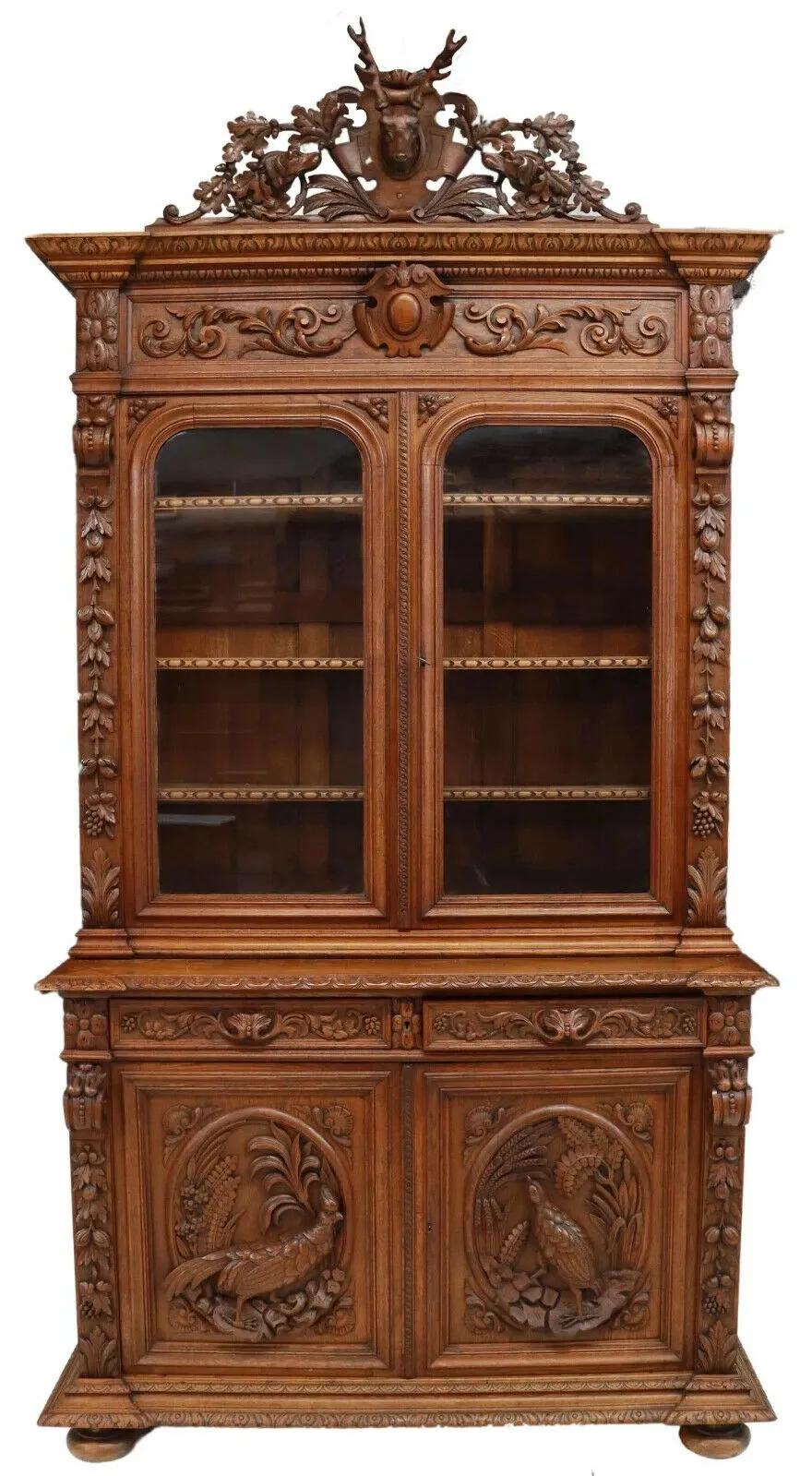 Antique Cabinet, Hunt, Oak, Foliate, French Game Bird & Deer Carved, 1800's!!