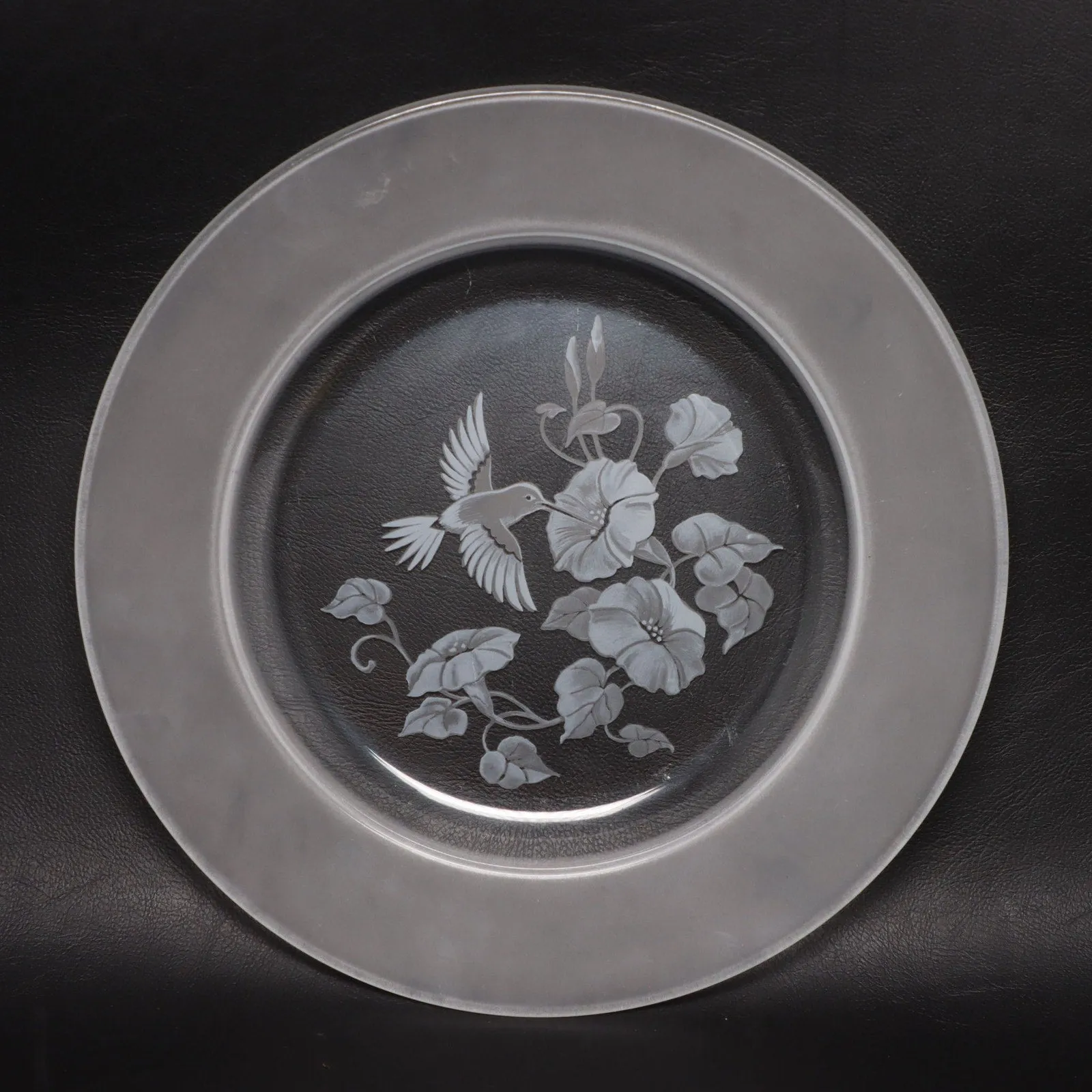Avon Hummingbird Frosted Etched Crystal Glass Luncheon Plate 8" Vintage 1980's
