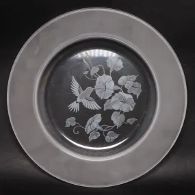 Avon Hummingbird Frosted Etched Crystal Glass Luncheon Plate 8" Vintage 1980's
