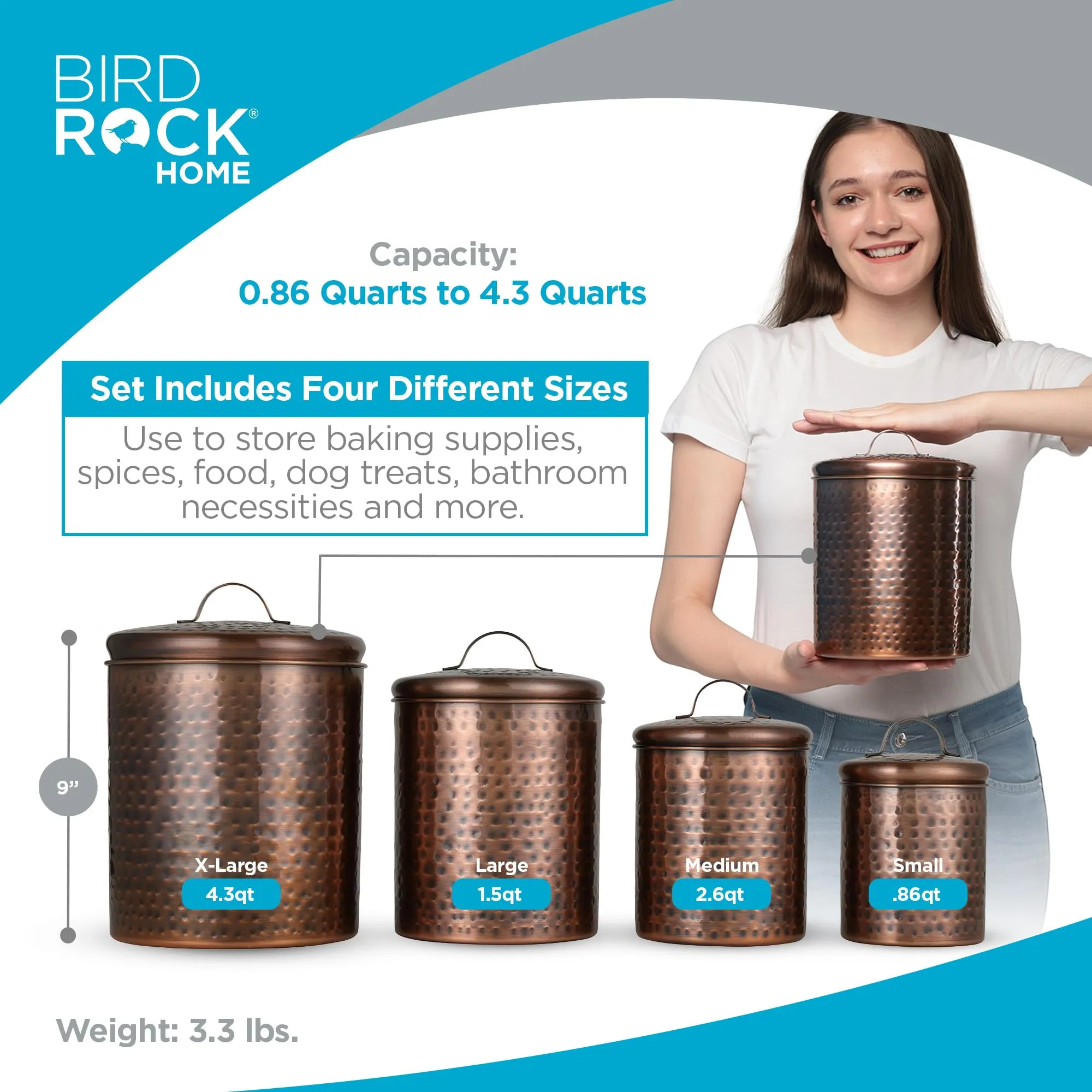 BIRDROCK HOME 4pc Food Storage Canister Set | Hammered Antique Copper with Airtight Lids | Rustic Metal Containers for Flour, Sugar, Baking Ingredients | Farmhouse Kitchen Countertop Organizer