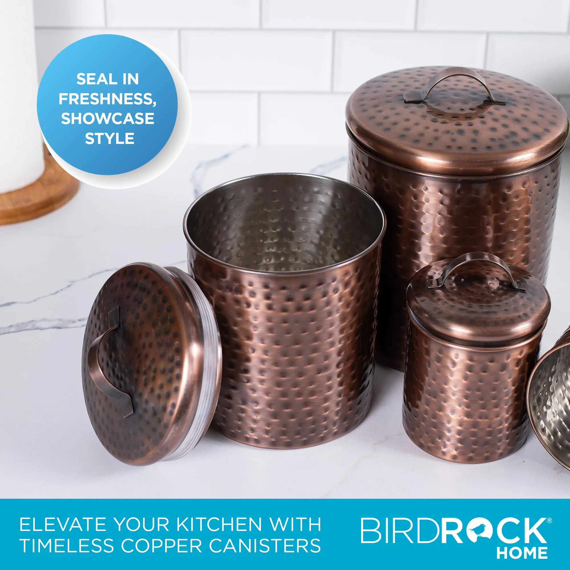 BIRDROCK HOME 4pc Food Storage Canister Set | Hammered Antique Copper with Airtight Lids | Rustic Metal Containers for Flour, Sugar, Baking Ingredients | Farmhouse Kitchen Countertop Organizer