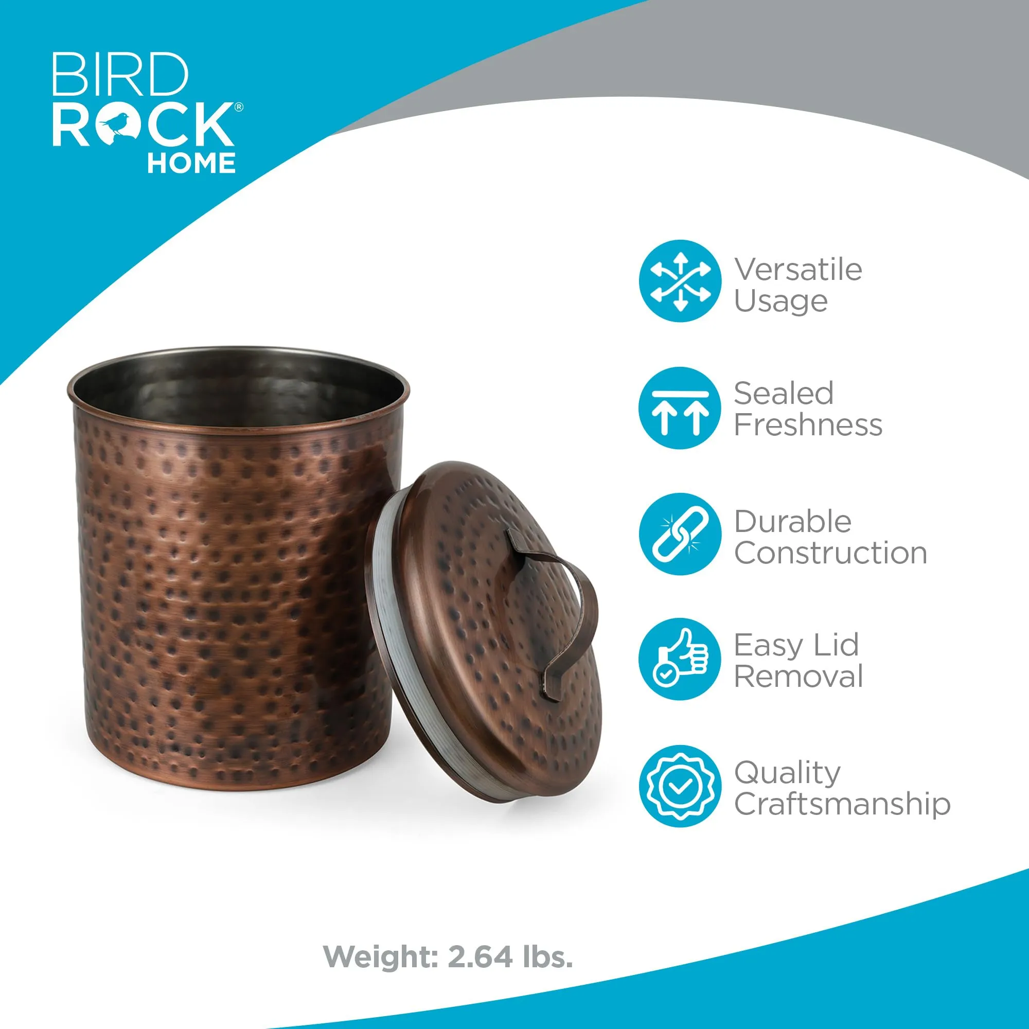 BIRDROCK HOME 4pc Food Storage Canister Set | Hammered Antique Copper with Airtight Lids | Rustic Metal Containers for Flour, Sugar, Baking Ingredients | Farmhouse Kitchen Countertop Organizer