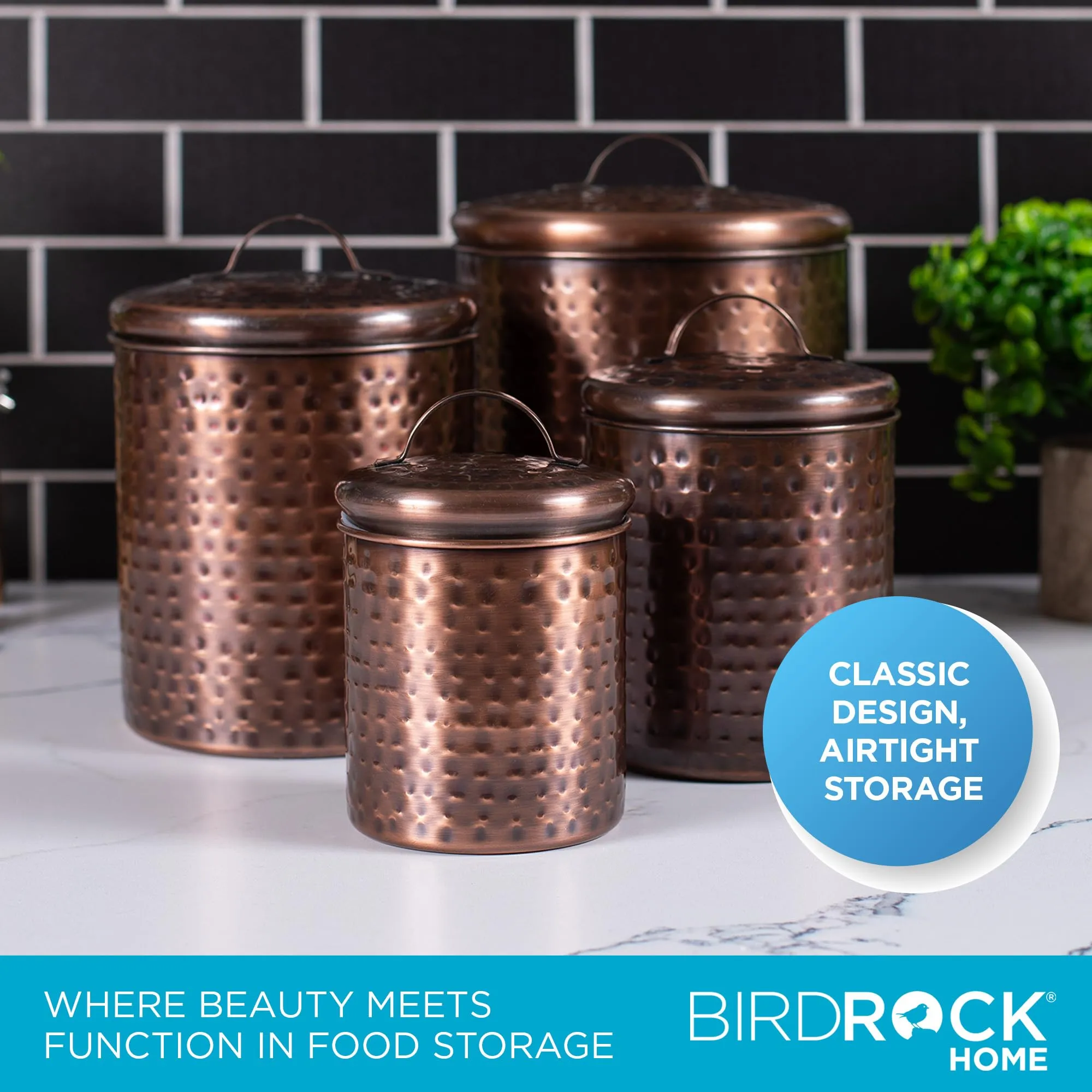 BIRDROCK HOME 4pc Food Storage Canister Set | Hammered Antique Copper with Airtight Lids | Rustic Metal Containers for Flour, Sugar, Baking Ingredients | Farmhouse Kitchen Countertop Organizer