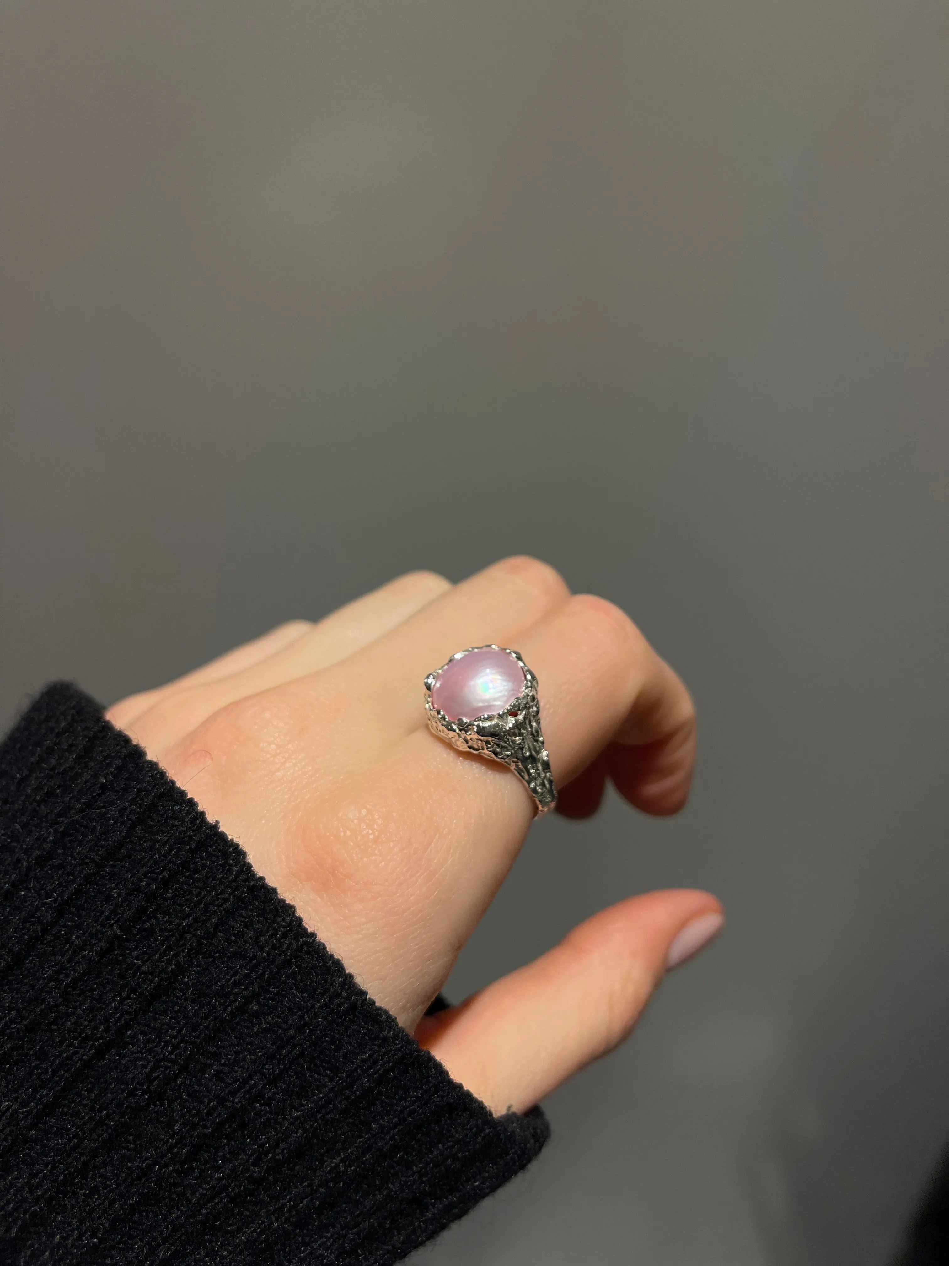 Chunky Pink Mabe Pearl Silver Adjustable Ring