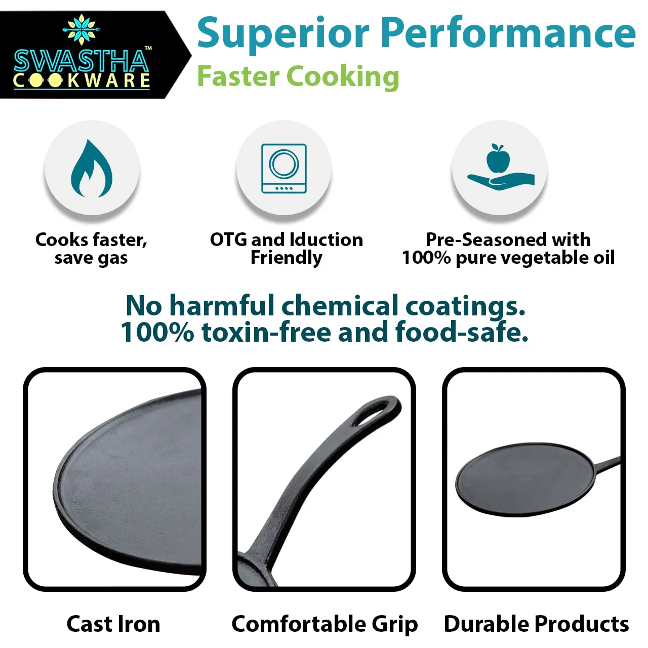 Dosa Tawa | Pre-Seasoned | Made of Cast Iron | Healthful | Grey & Black | 10 Inch