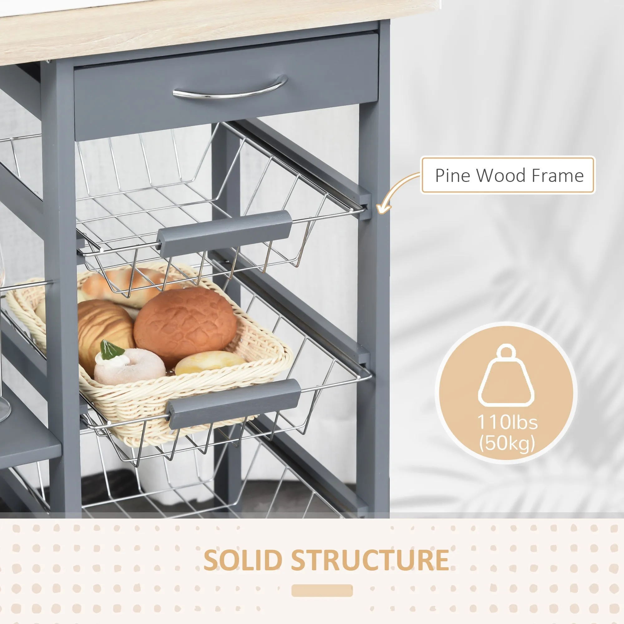 HOMCOM Rolling Kitchen Cart, Utility Storage Cart with 4 Basket Drawers & Side Racks, Wheels for Dining Room, Grey