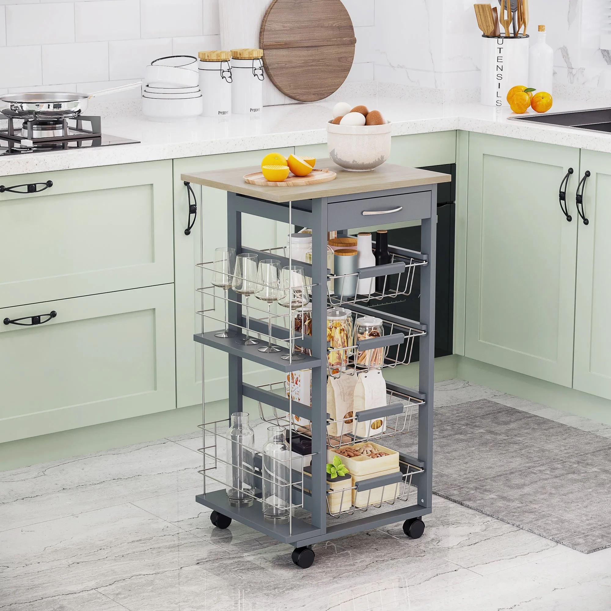 Kitchen Trolley Multi-Use Kitchen IslandWith 4 Baskets 2 Side Racks 4 Wheels Food Storage Smooth Rolling Compact Furniture Dark Grey