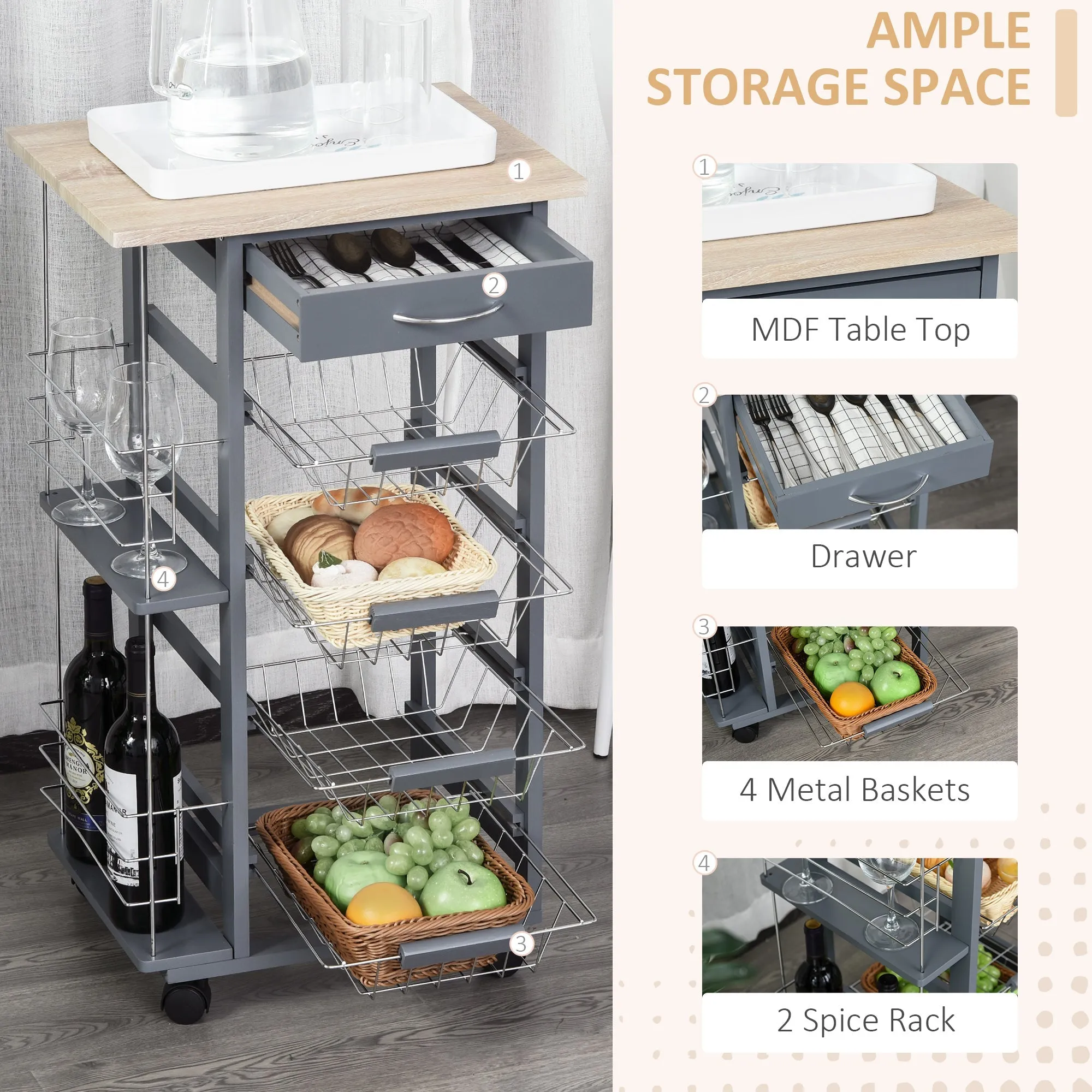 Kitchen Trolley Multi-Use Kitchen IslandWith 4 Baskets 2 Side Racks 4 Wheels Food Storage Smooth Rolling Compact Furniture Dark Grey