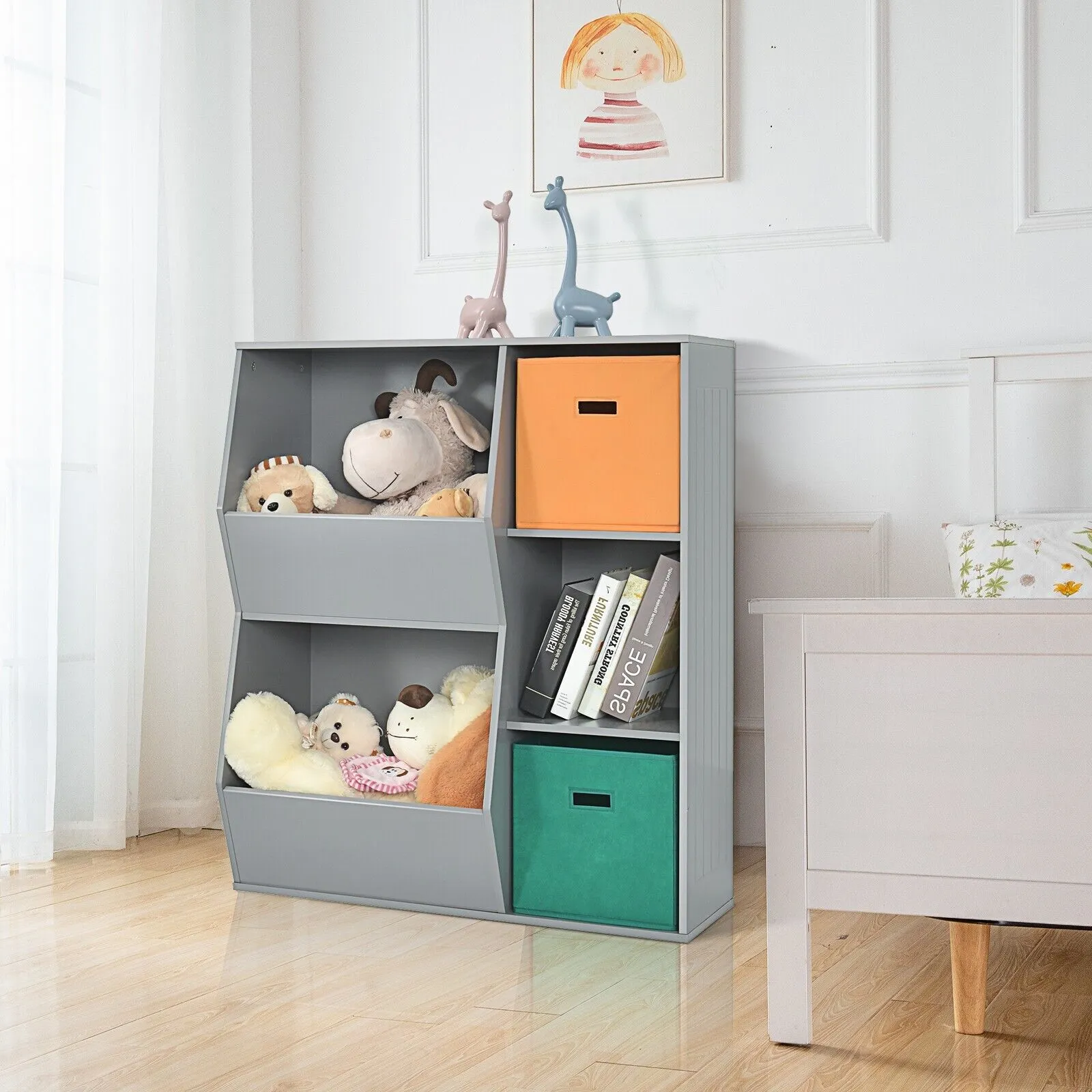 Modern Kids Toy Storage Cabinet with 2 Baskets-Grey