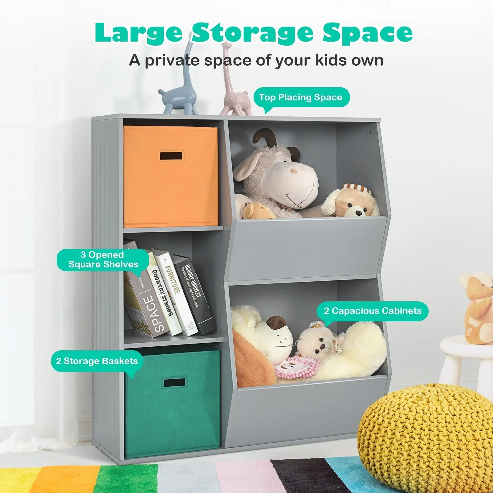 Modern Kids Toy Storage Cabinet with 2 Baskets-Grey