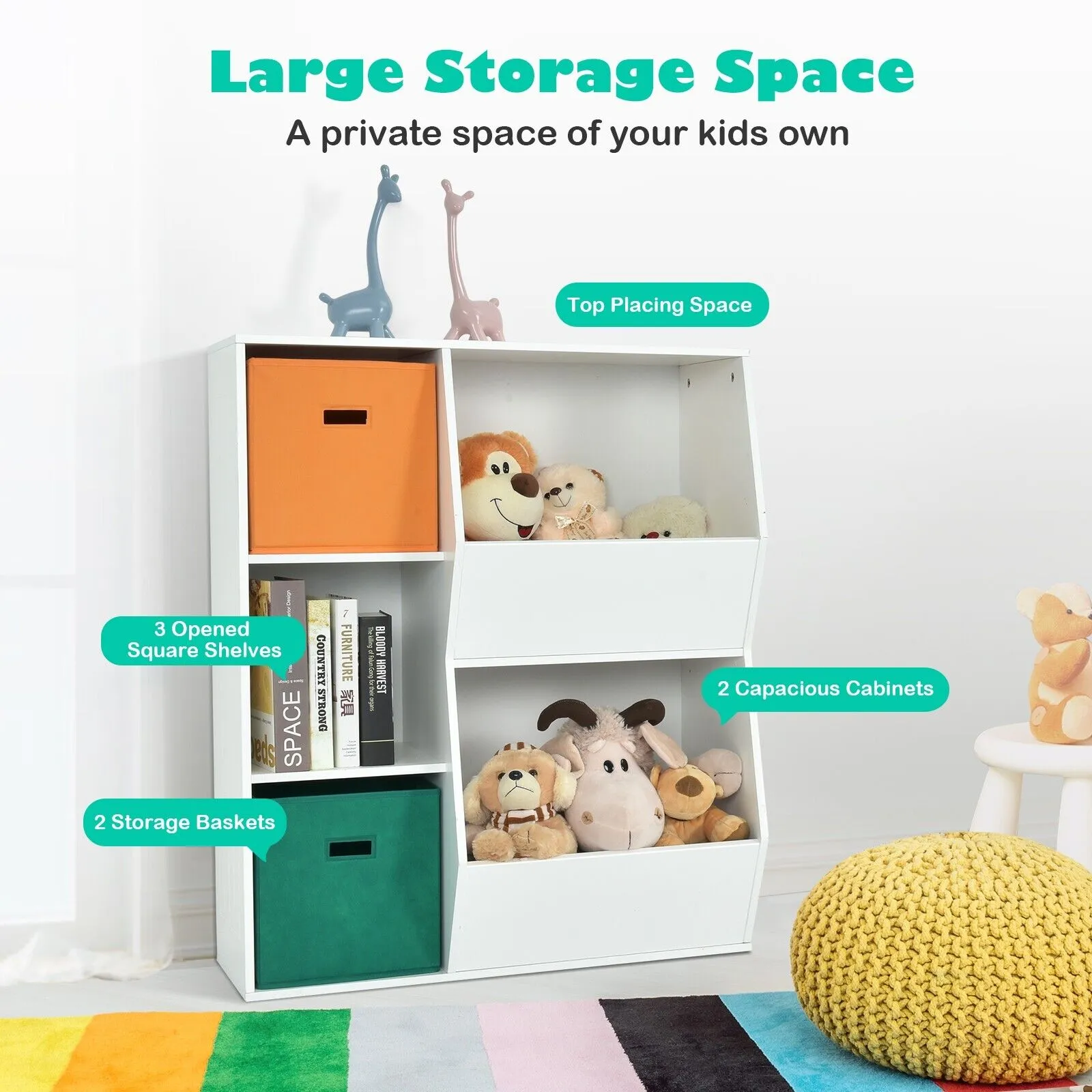 Modern Kids Toy Storage Cabinet with 2 Baskets-White