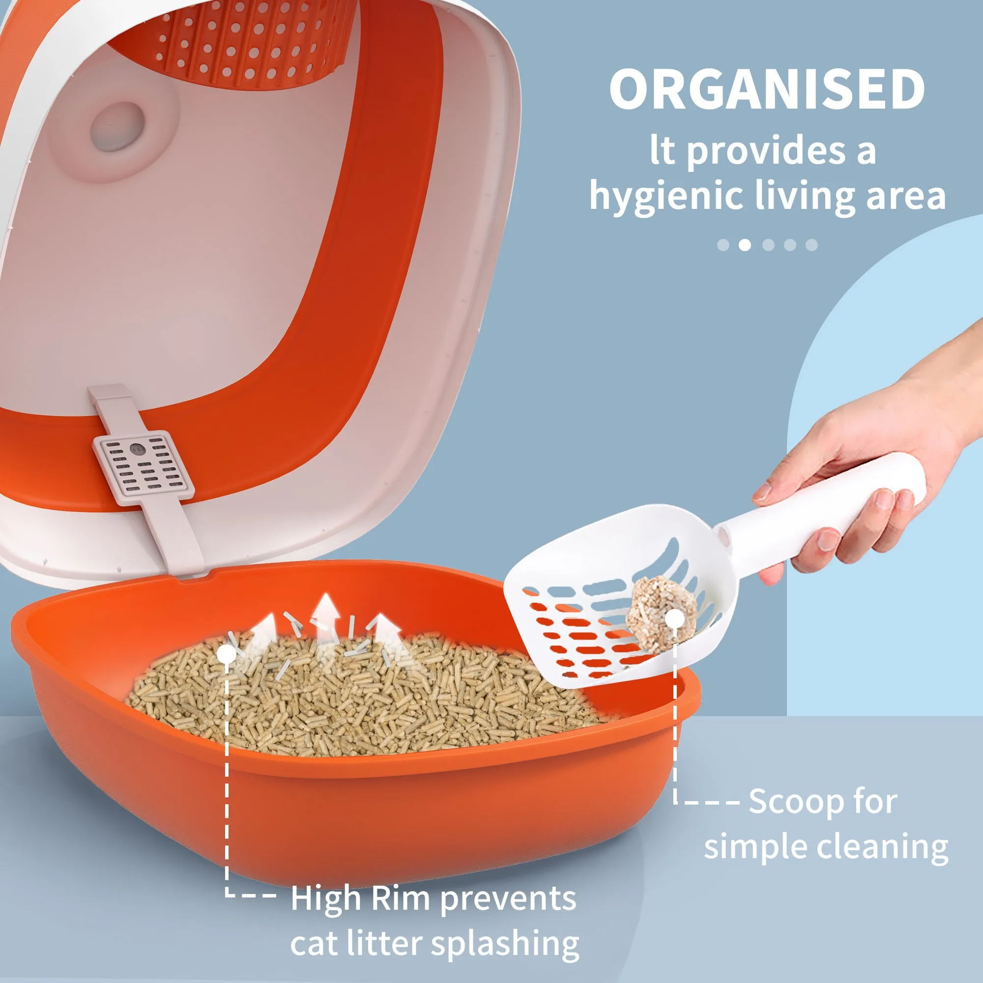 PawHut Foldable Cat Litter Tray with Lid, Deodorant, Scoop, Orange