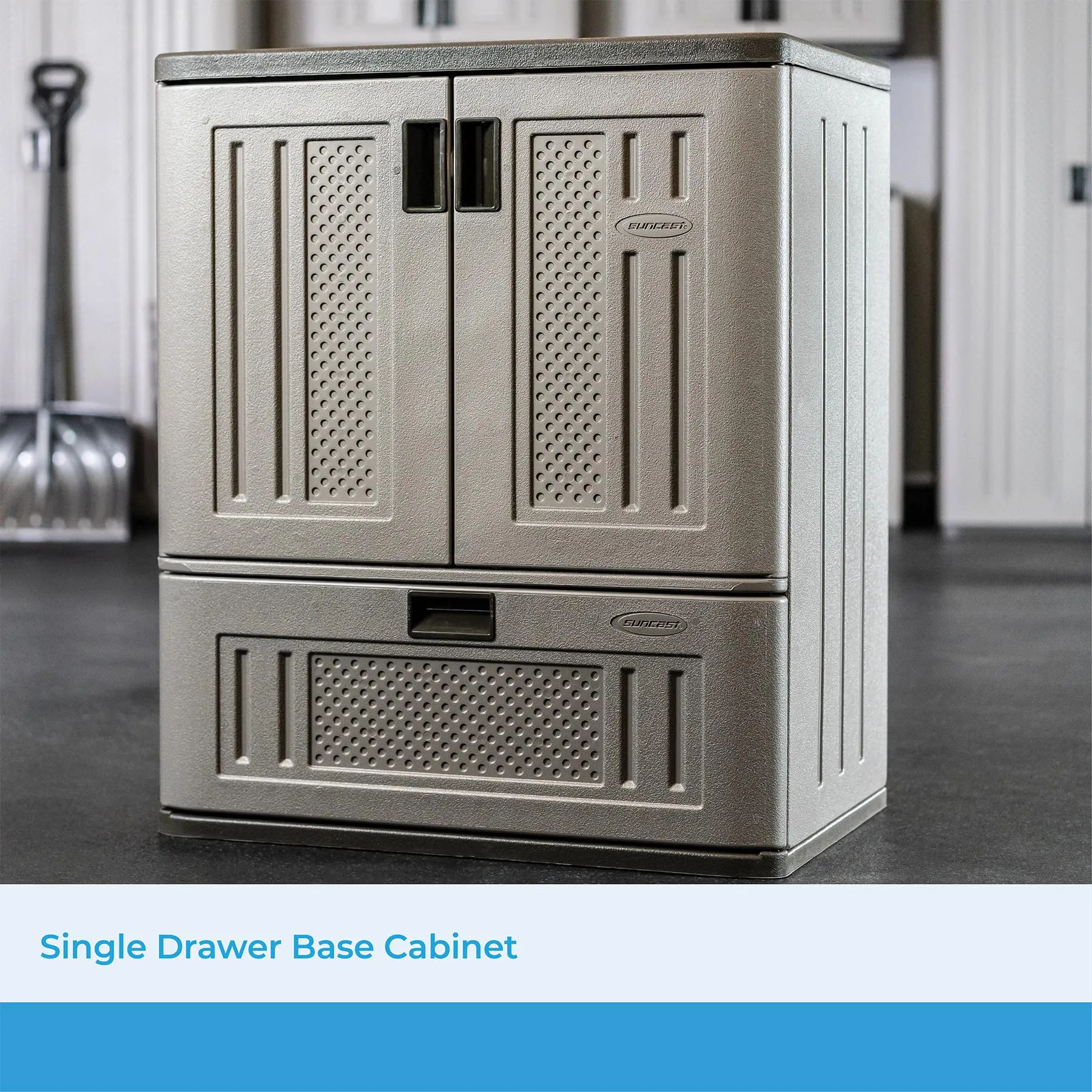 Suncast Indoor/Outdoor Resin Single-Drawer Storage Cabinet, Platinum Metallic