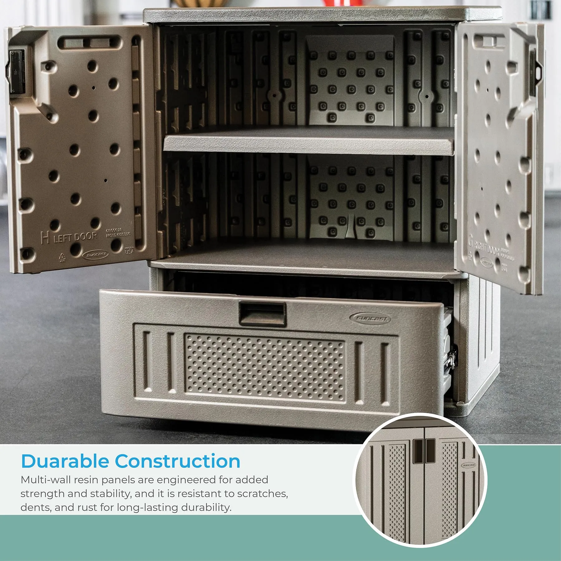 Suncast Indoor/Outdoor Resin Single-Drawer Storage Cabinet, Platinum Metallic