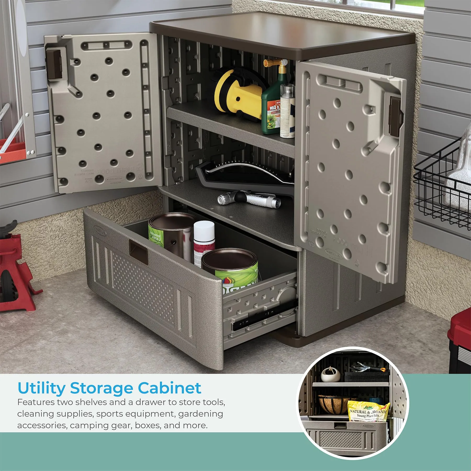 Suncast Indoor/Outdoor Resin Single-Drawer Storage Cabinet, Platinum Metallic