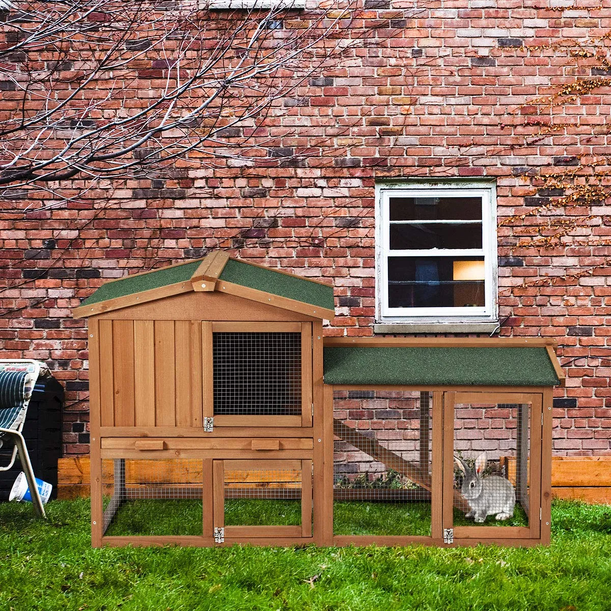 Tangkula Rabbit Hutch Indoor and Outdoor, 58-Inch Bunny Cage with Removable Tray & Ramp