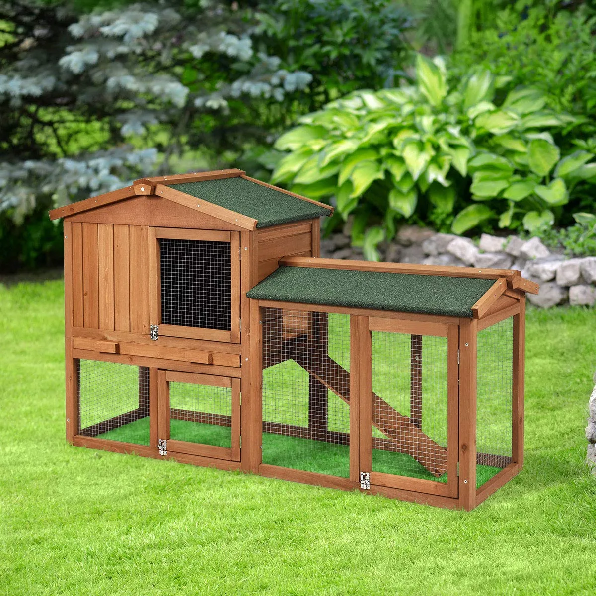 Tangkula Rabbit Hutch Indoor and Outdoor, 58-Inch Bunny Cage with Removable Tray & Ramp