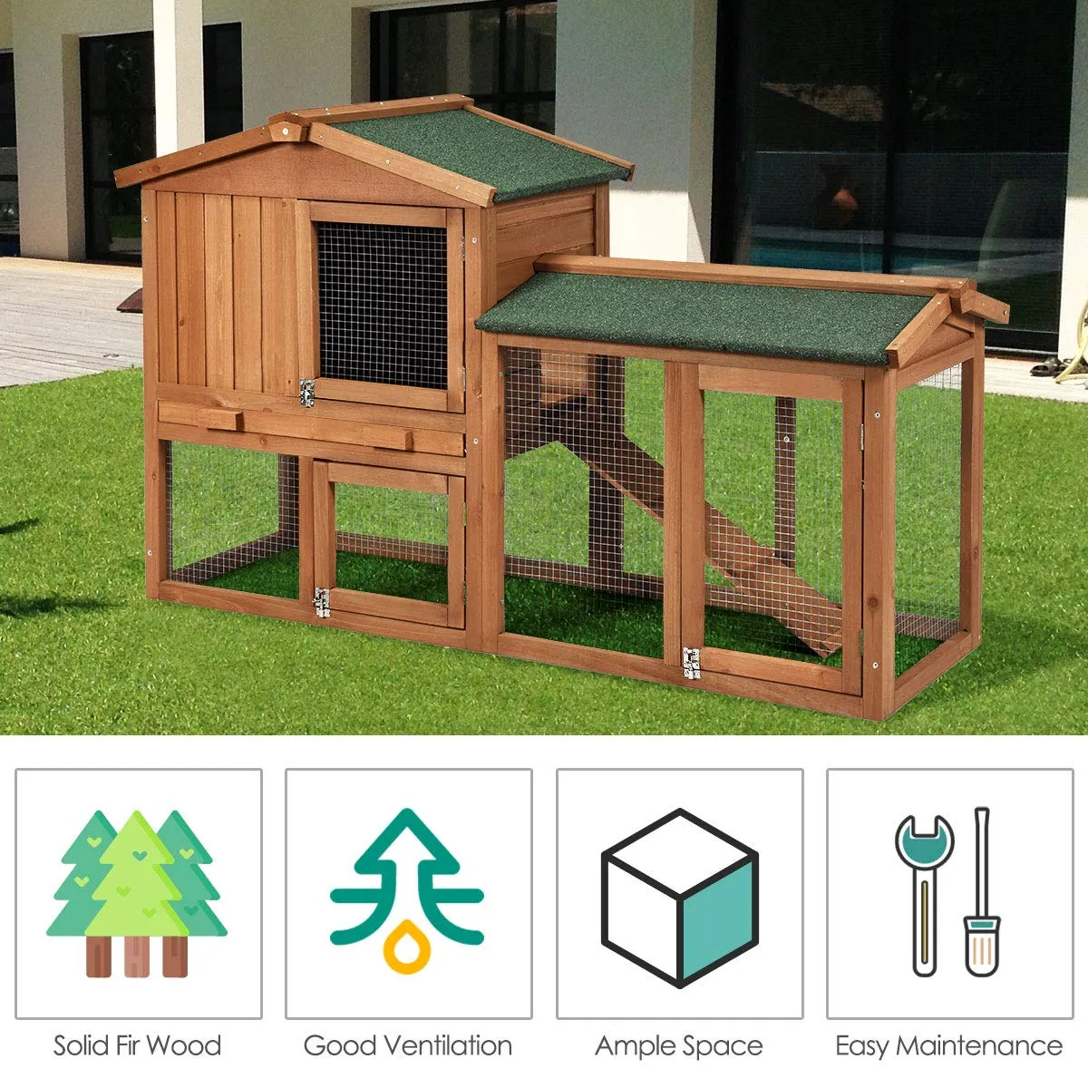Tangkula Rabbit Hutch Indoor and Outdoor, 58-Inch Bunny Cage with Removable Tray & Ramp