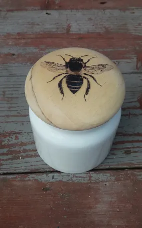 Upcycled kitchen storage pot ceramic and wood with bee design
