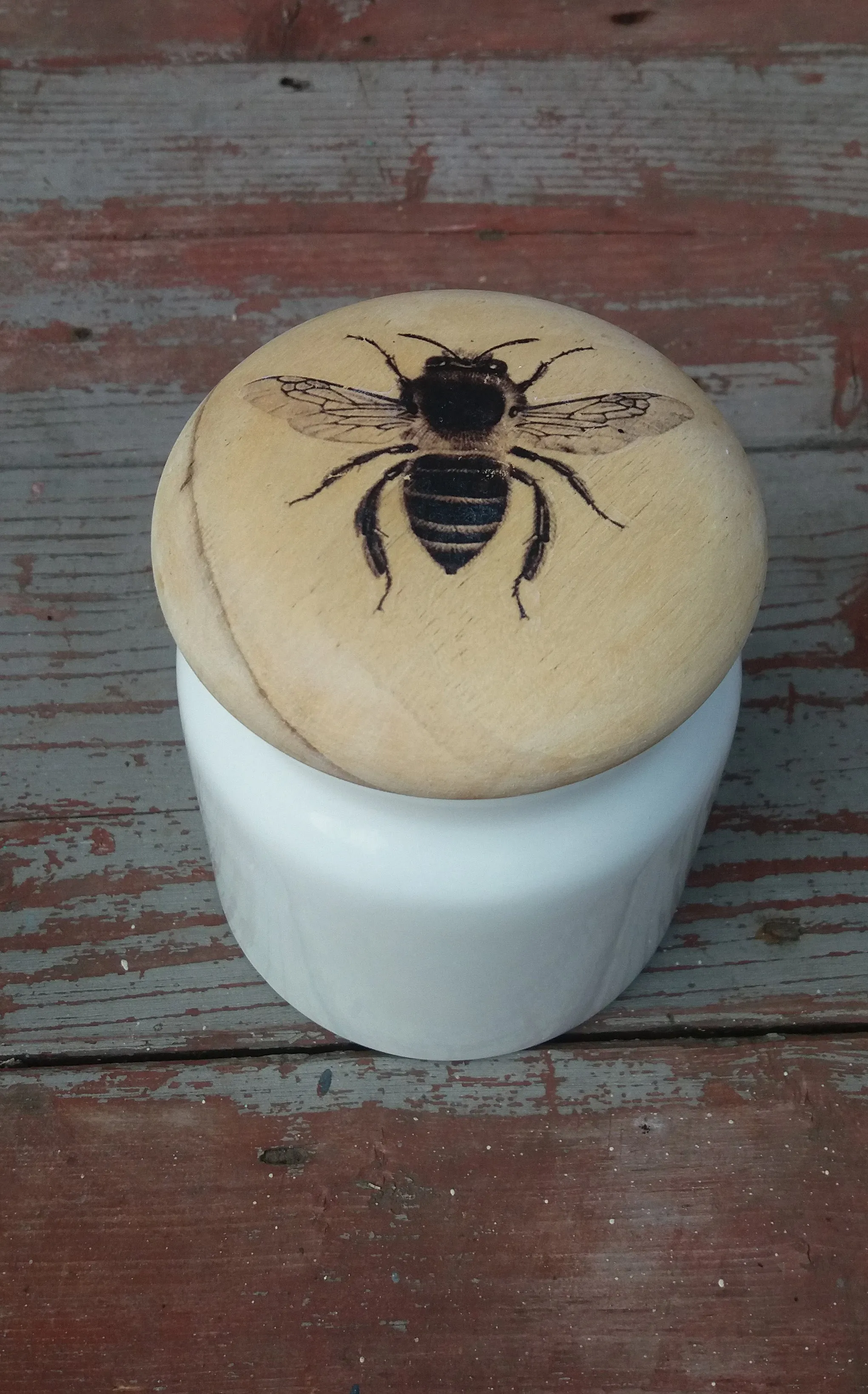 Upcycled kitchen storage pot ceramic and wood with bee design