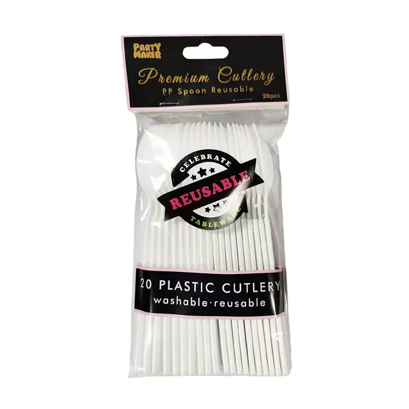 White Reusable Plastic Spoon 20pk